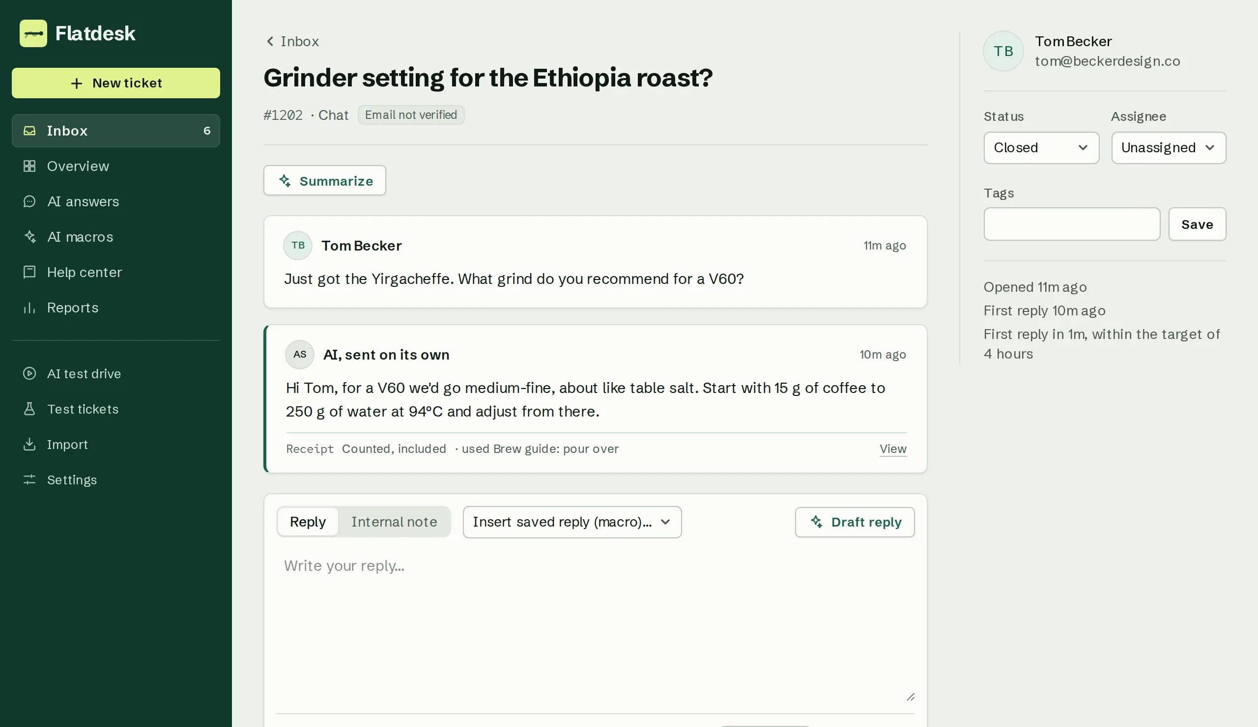 A customer question answered by the AI, with the help articles it used