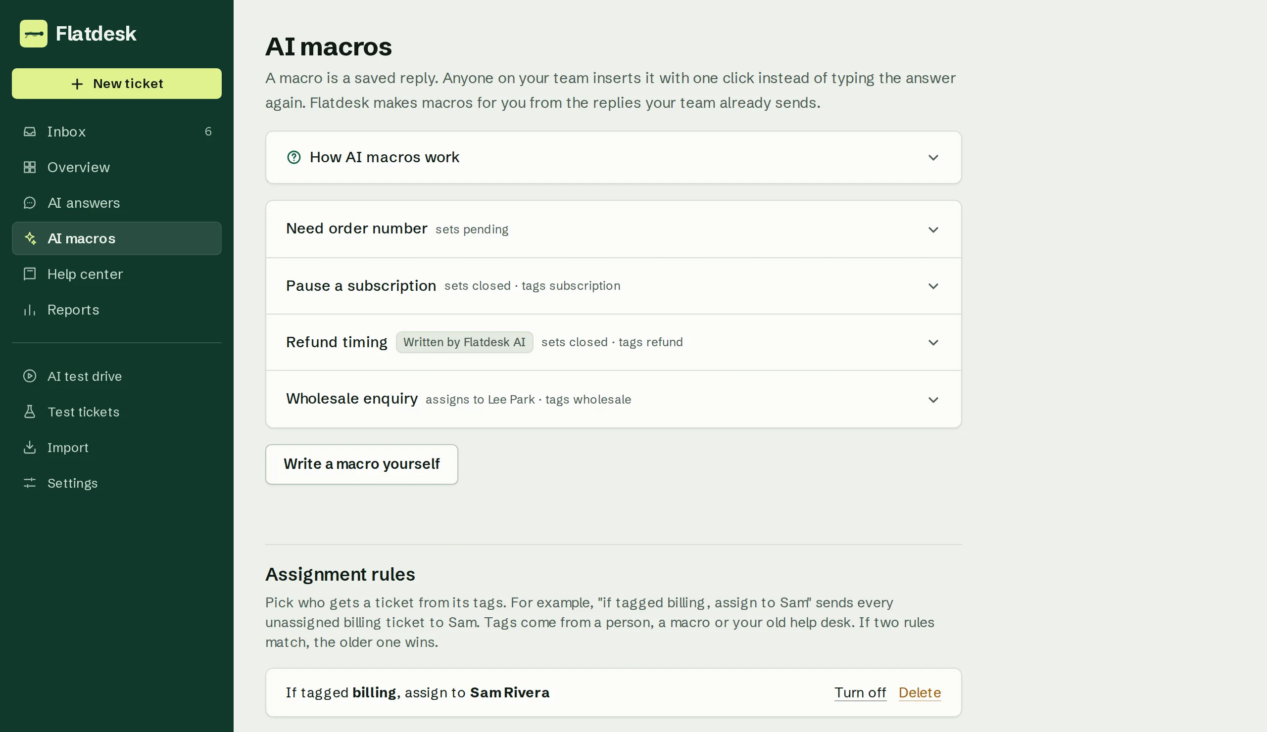 AI macros built from the team's own replies, with a count of uses